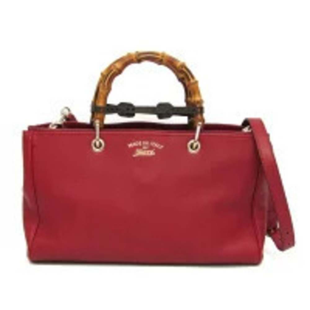 Gucci Bamboo Shopper Leather 2Way Tote Bag Red